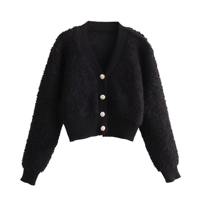 Fall Clothing Teddy Needle Fur Feeling V Neck Knitted Cardigan Coat