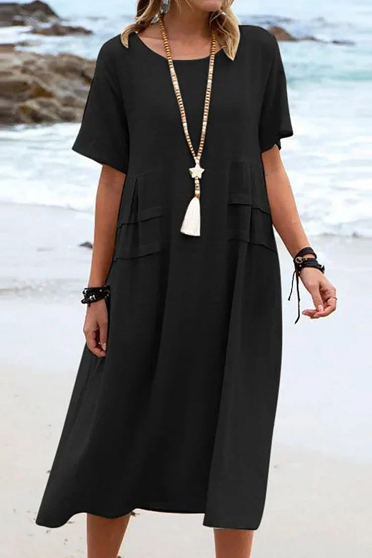 KS | Loose, short-sleeved casual dress with a round neckline and plain colors