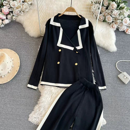 Spring and Autumn Chanel Style Suit Long Sleeved Contrast V Neck Knitted Cardigan High Waist Straight Wide Leg Pants Knitted Suit