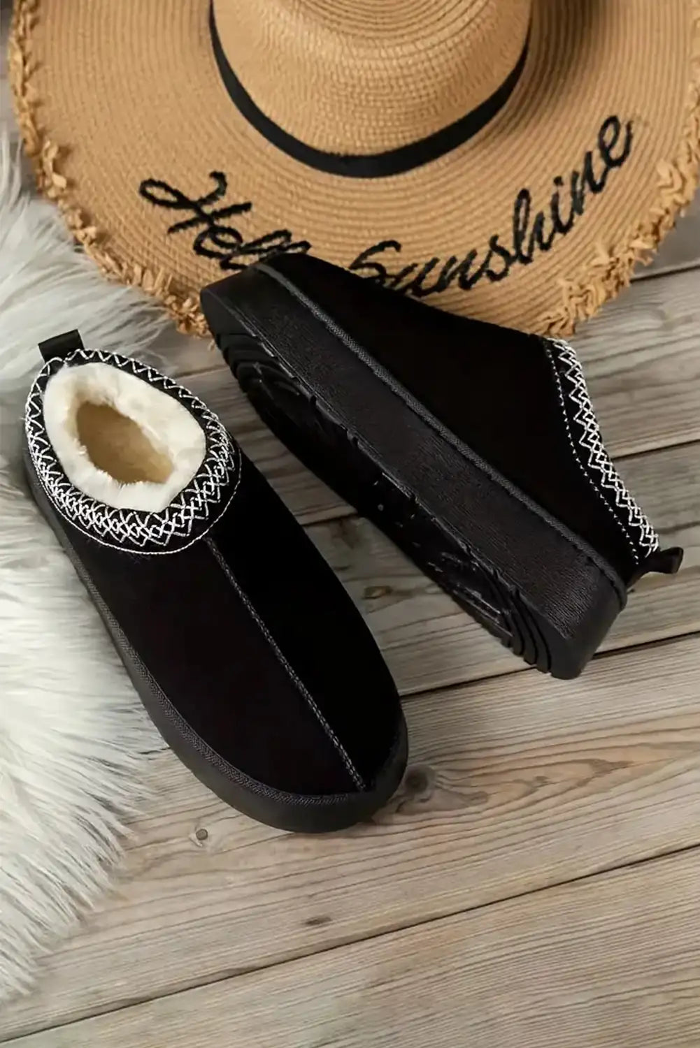Cozy Black Suede Contrast Print Snow Boots