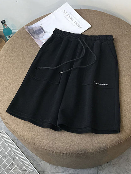 Summer High Waist Wide Leg Short Pants Black Knee Length Pants Drawstring Korean Pure Cotton Loose Holiday Trousers