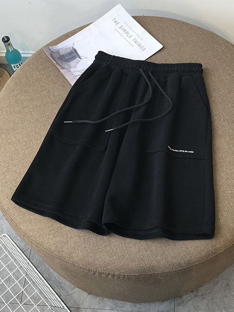 Summer High Waist Wide Leg Short Pants Black Knee Length Pants Drawstring Korean Pure Cotton Loose Holiday Trousers