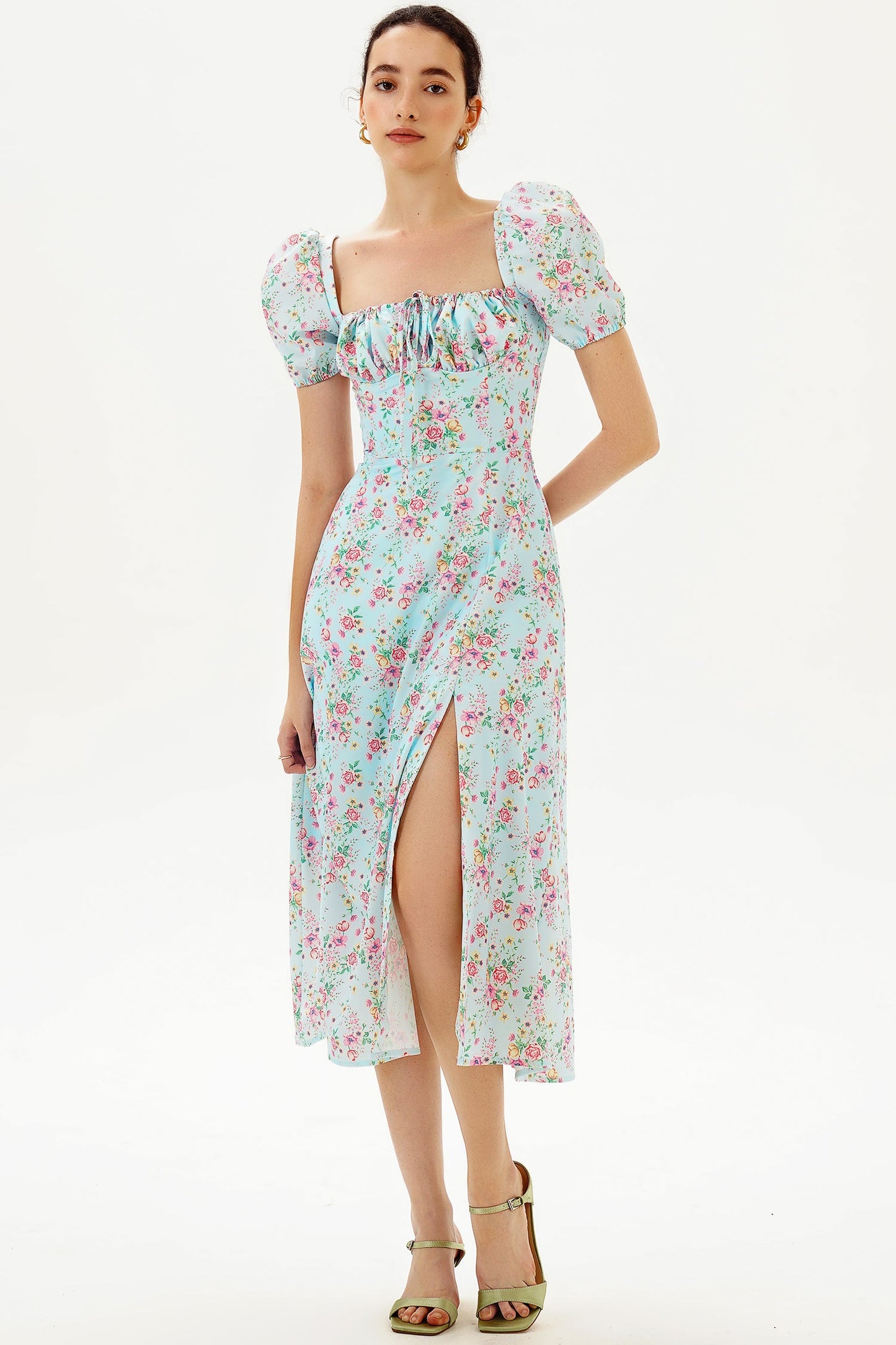 Puff Sleeve Slit Print Midi Dress Green