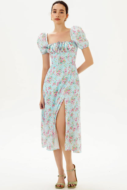 Puff Sleeve Slit Print Midi Dress Blue