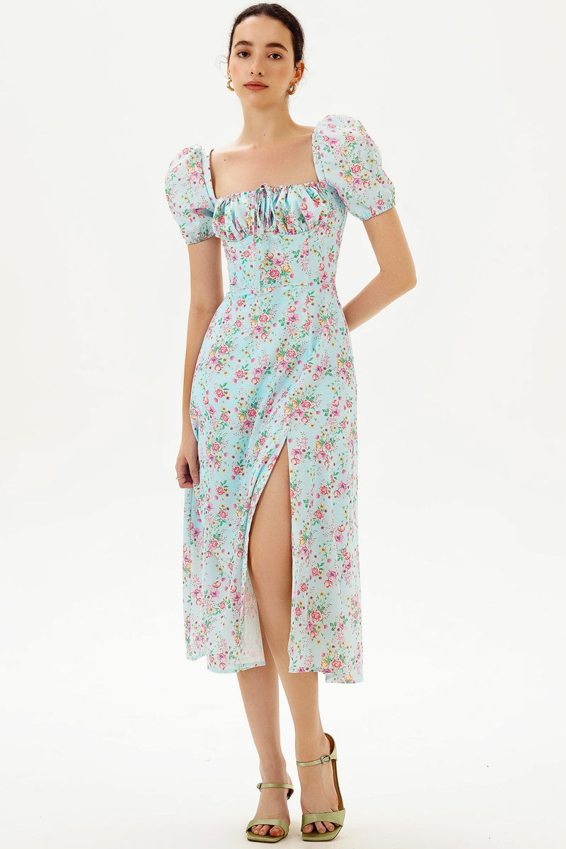 Puff Sleeve Slit Print Midi Dress Green