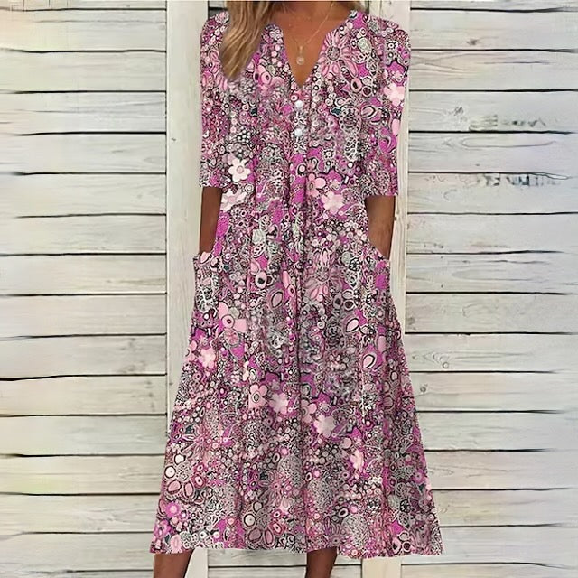 KS | Floral dress with V-neck and side pockets