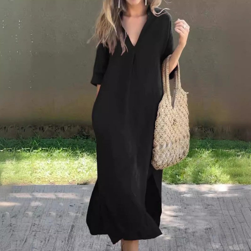 KS | Linen dress with V-neck and pocket