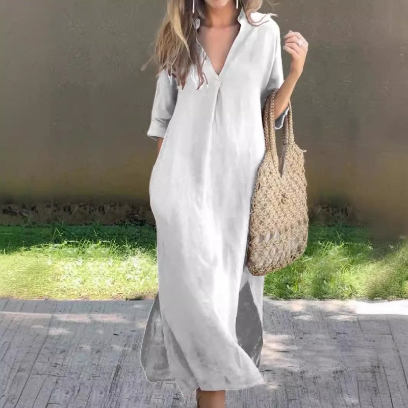 KS | Linen dress with V-neck and pocket